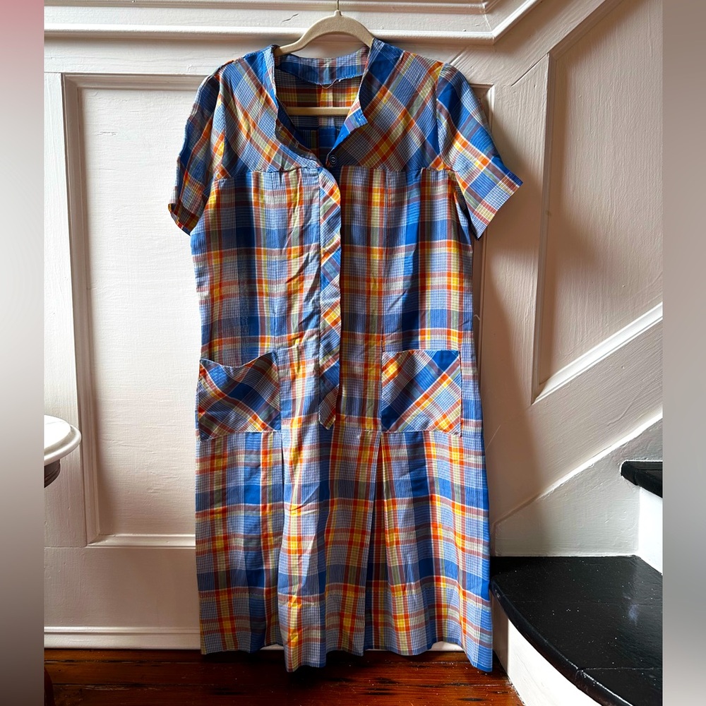 Vintage handmade drop waist orange and blue house dress